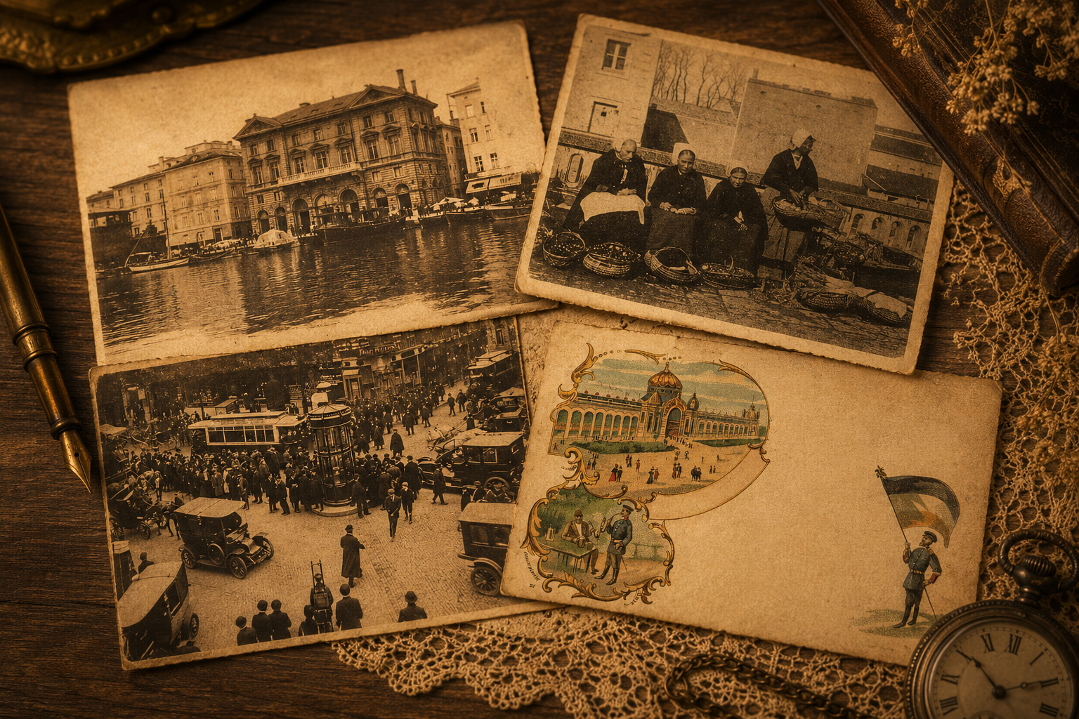 Display of vintage postcards from early 1900s golden age