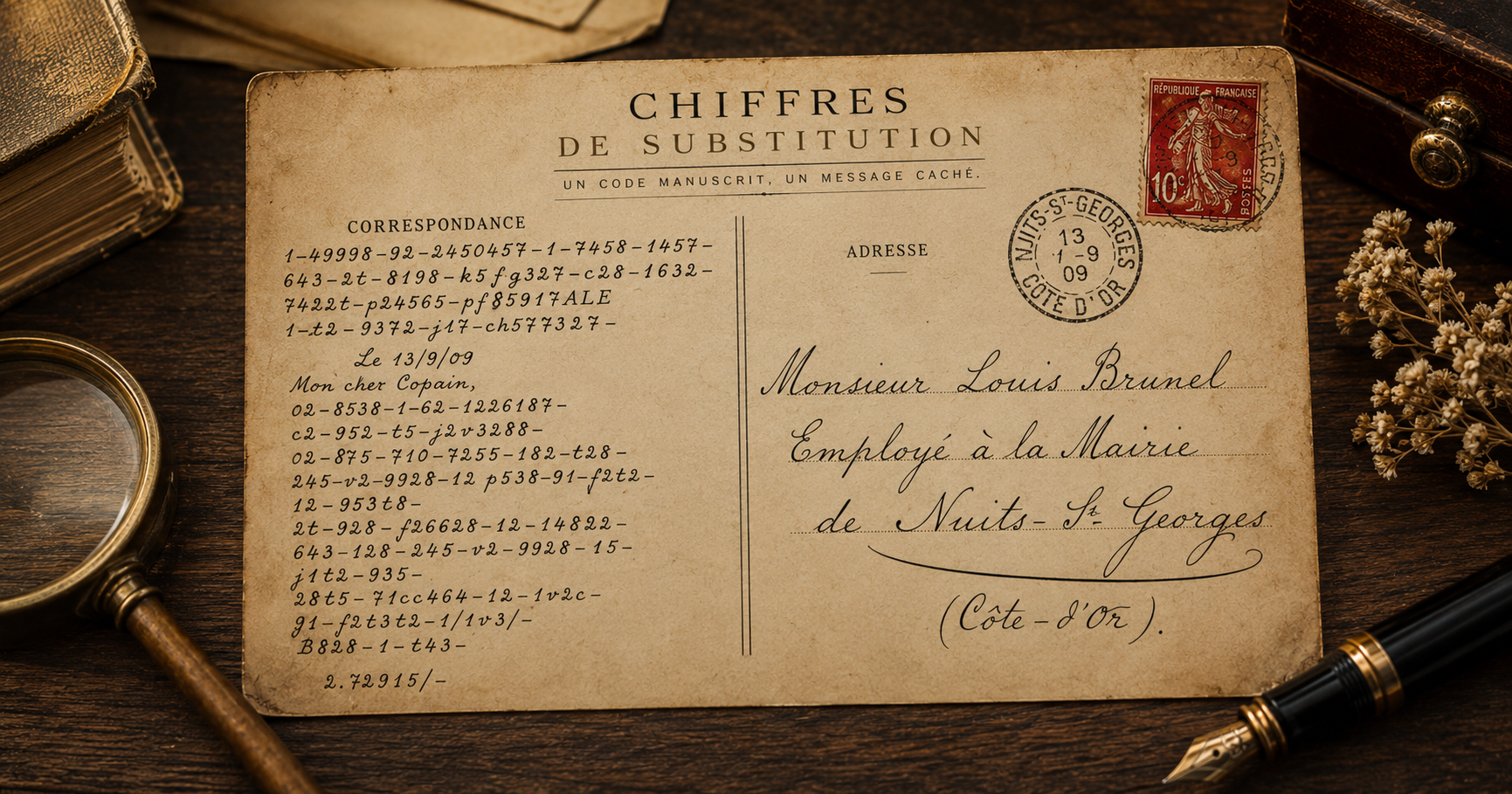 Vintage postcard showing cipher-style encoded symbols and letters