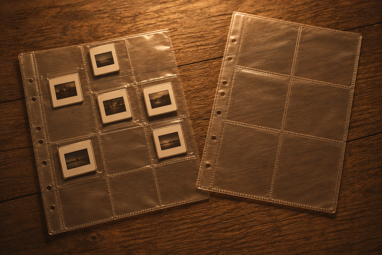 Archival conservation scene with vintage postcards in protective sleeves