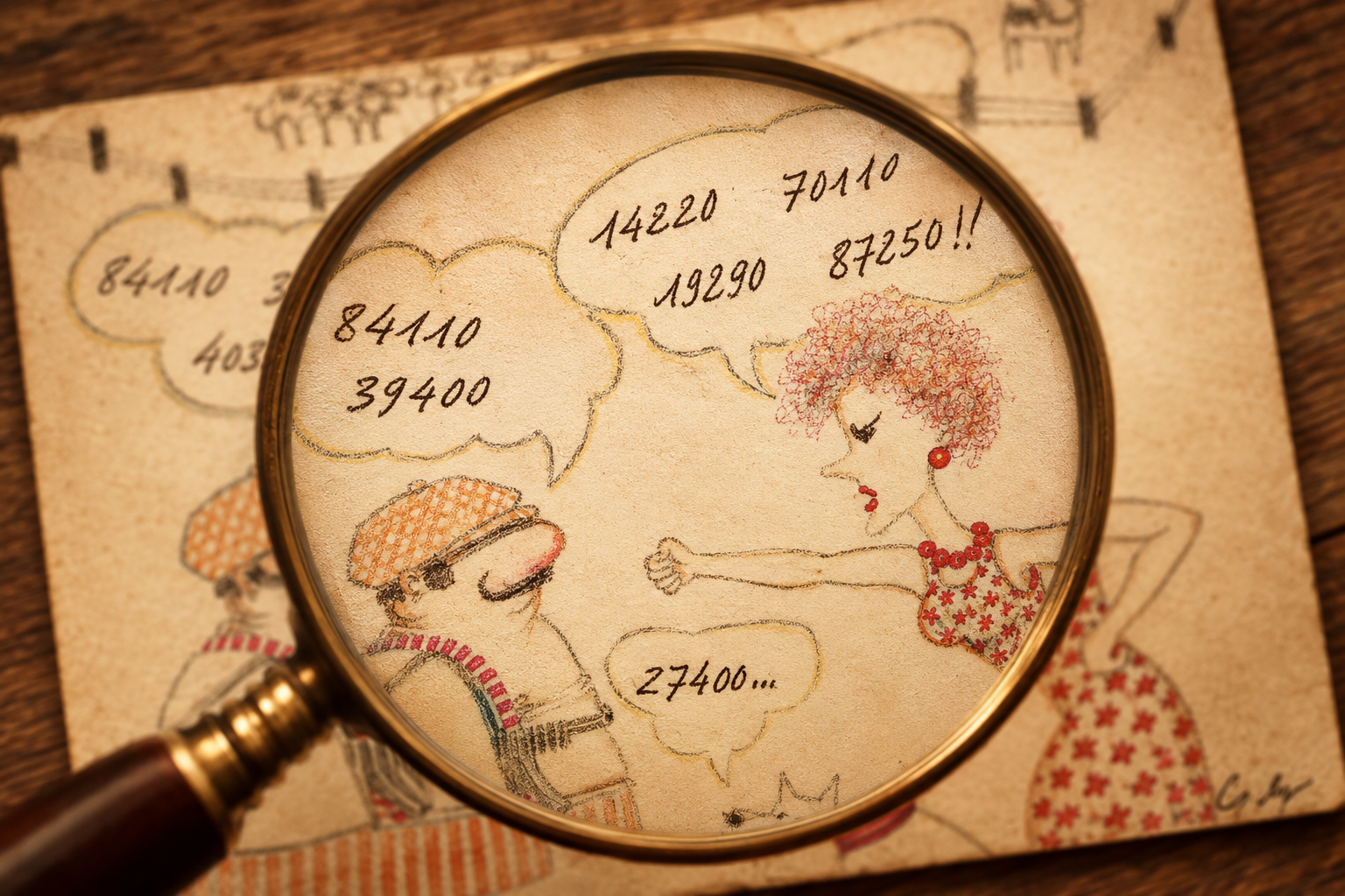 Magnifying glass examining an old coded postcard on a wooden desk