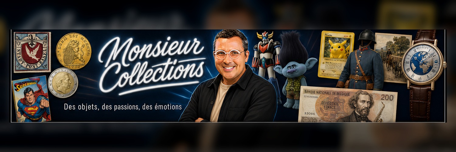 Bannière Monsieur Collections avec Sébastien Delcampe et des objets de collection