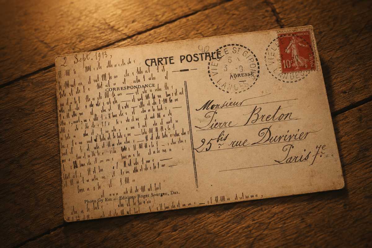 Close-up of a vintage postcard with subtle punctuation marks