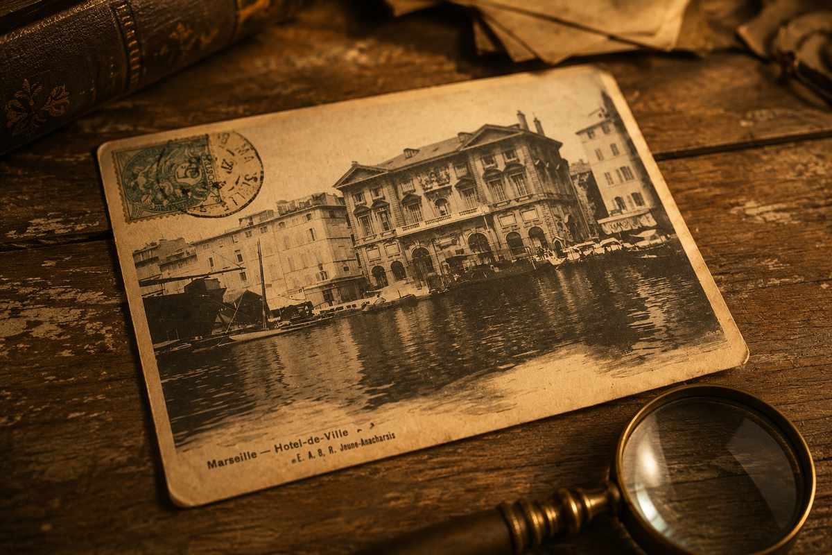 Carte postale ancienne du début du XXe siècle posée sur une table en bois patinée