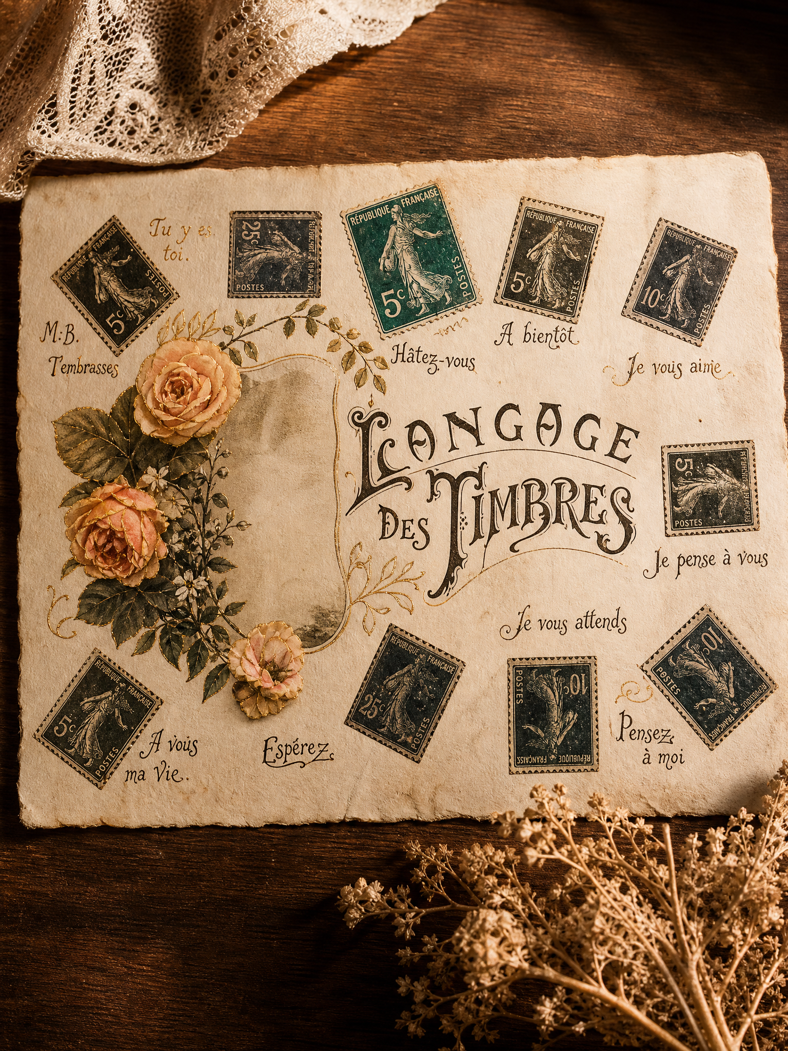 Close-up of crossed-writing on vintage postcard with strategically placed stamp