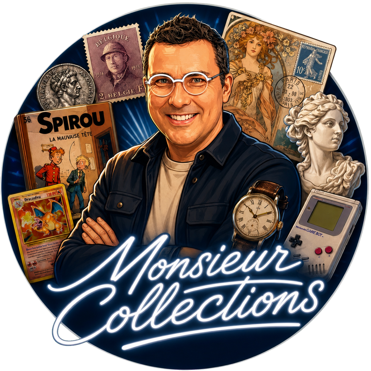 Logo Monsieur Collections complet — Sébastien Delcampe entouré d’objets de collection